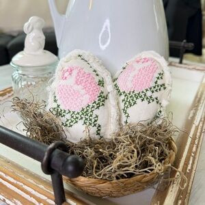 Quilted Cross Stitch Tulips Easter Eggs Basket Decor Handmade